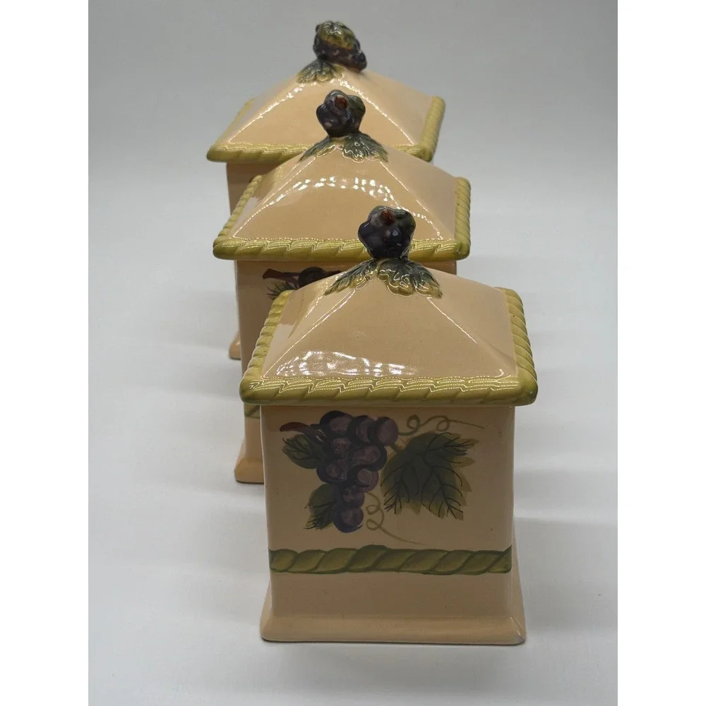 WCL Vintage Ceramic Grape Canister Set 3 Piece Tuscan Kitchen Decor Cream Purple